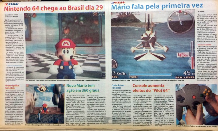 Edição da Folhinha de 30 de agosto de 1996 dá destaque ao novo videogame da Nintendo e a "Super Mario 64", que seriam lançados no mercado norte-americano e, consequentemente, também chegariam ao Brasil