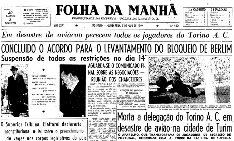 Primeira página da Folha da Manhã de 5 de maio de 1949 (Foto: Folhapress)