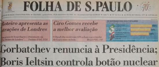 Primeira página da Folha de 26 de dezembro de 1991